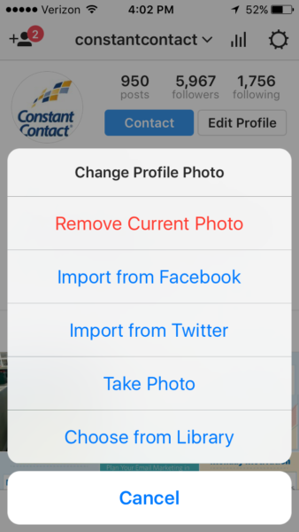 your profile photo can only be updated on a mobile device if you don t have your logo saved to your smartphone or tablet instagram has the option to - do facebook apps add following o!   n instagram