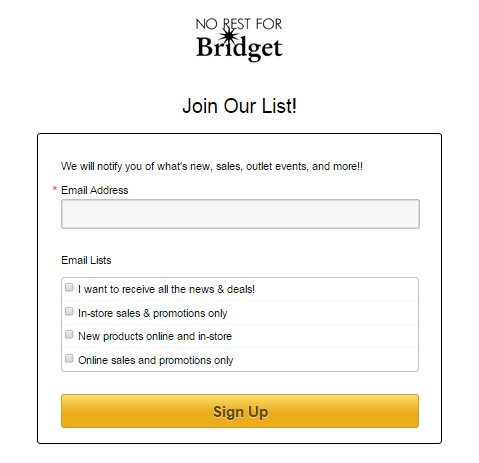 No rest for bridget email sign-up from