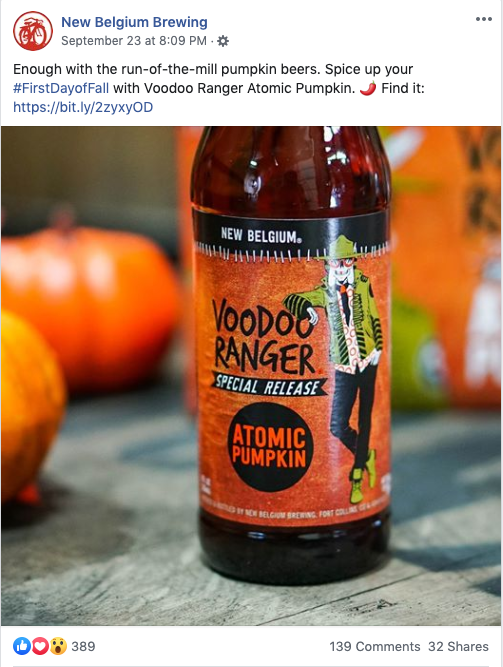 holiday marketing tip: post about the season not a specific holiday, like this facebook post from New Belgium Brewing that introduces a new fall inspired beer
