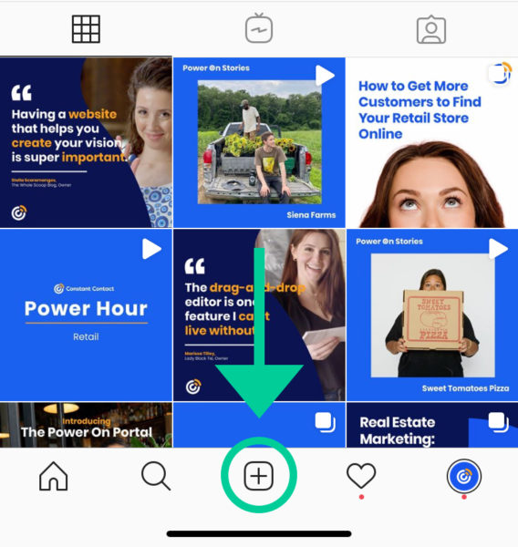 Gönderi oluştur düğmesini gösteren bir ok gösteren Instagram profilinin ekran görüntüsü