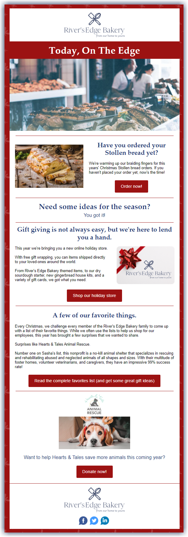 Example of how to decorate an email template for Christmas time by adding red and holiday images