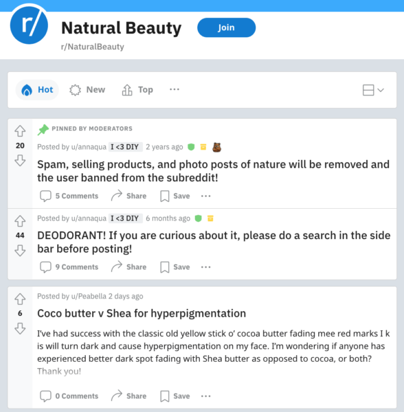 screenshot of subreddit r/NaturalBeauty