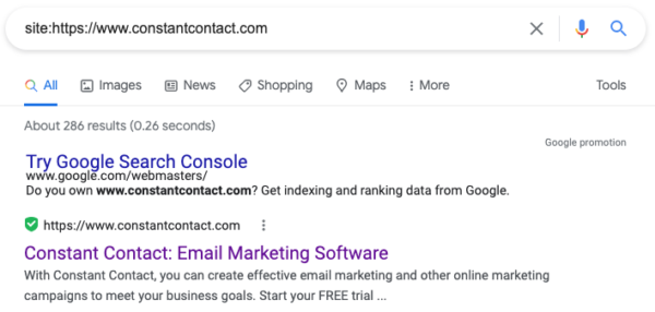 Google Search result for a site check for constantcontact.com