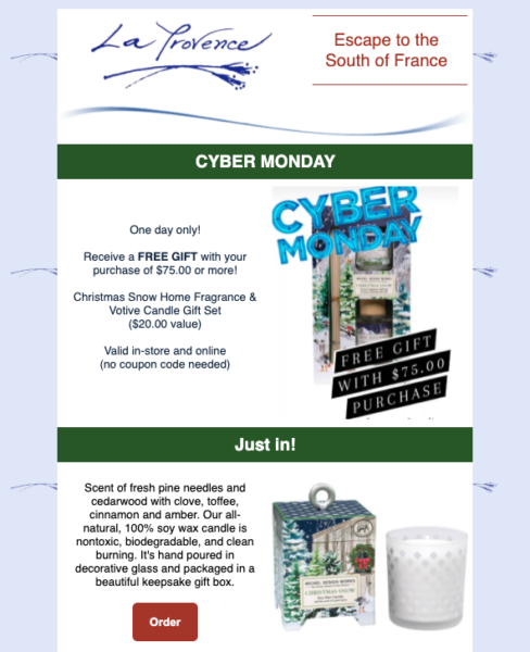 La Provence - Free Gift Cyber Monday sale email example