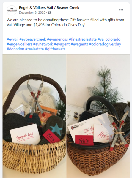 Facebook posts of donated gift baskets