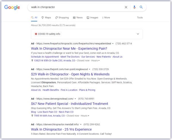 Google search results for "walk in chiropractor"