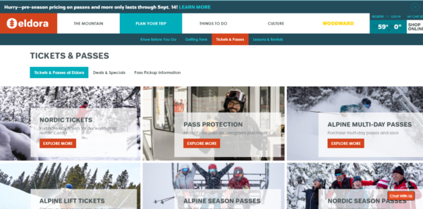 example of a ski resort website homepage