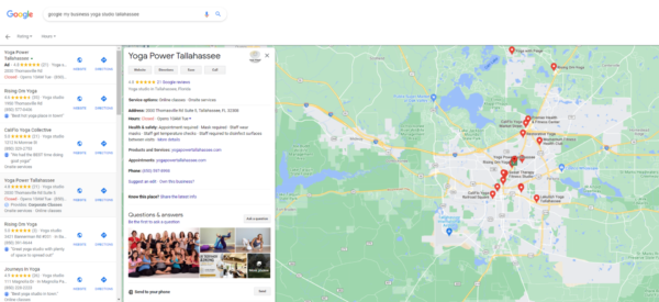 Google search results showing a completed Google My Business listing for Yoga Power Tallahassee