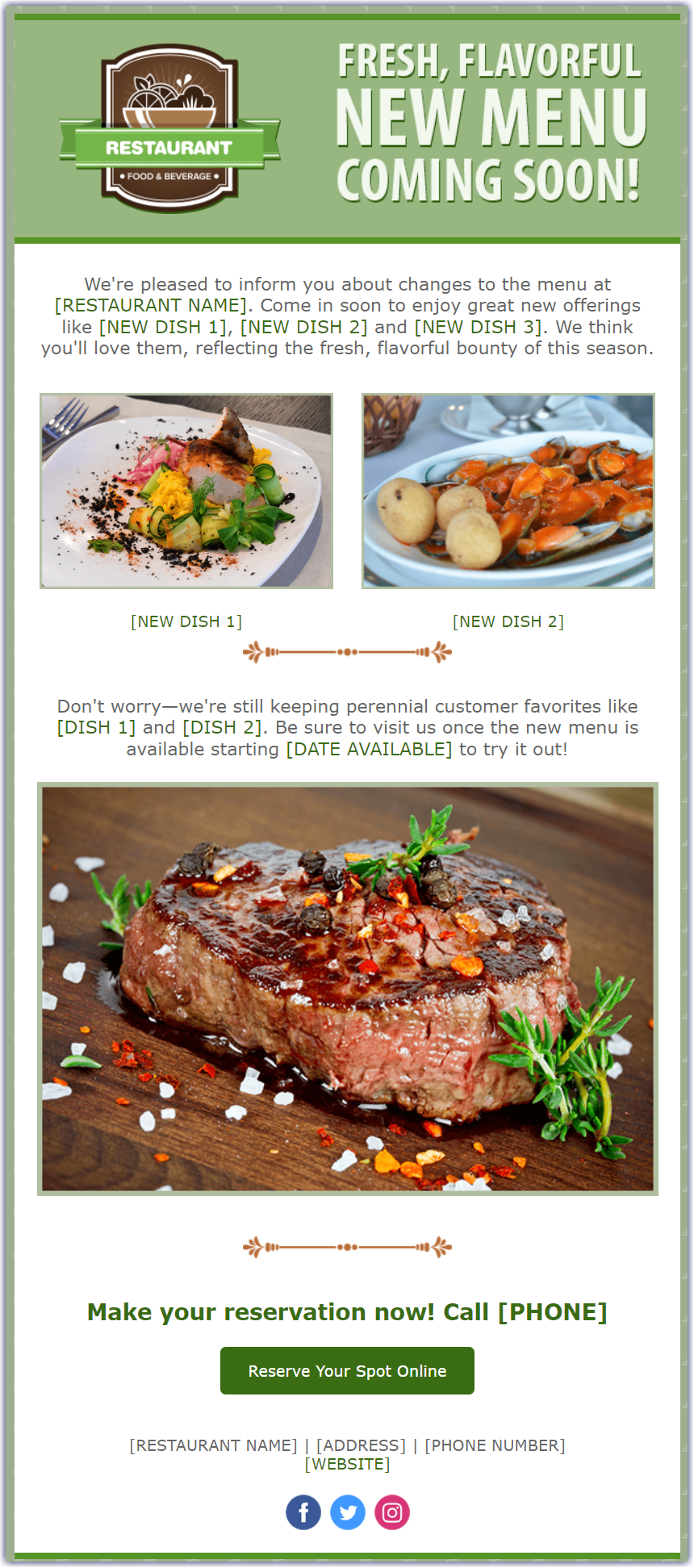 example restaurant newsletter with a single CTA